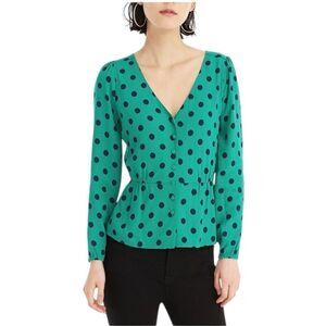 J Crew Women's Long Sleeve Shirt Blouse Size 8 Kelly Green & Navy Blue Polka Dot